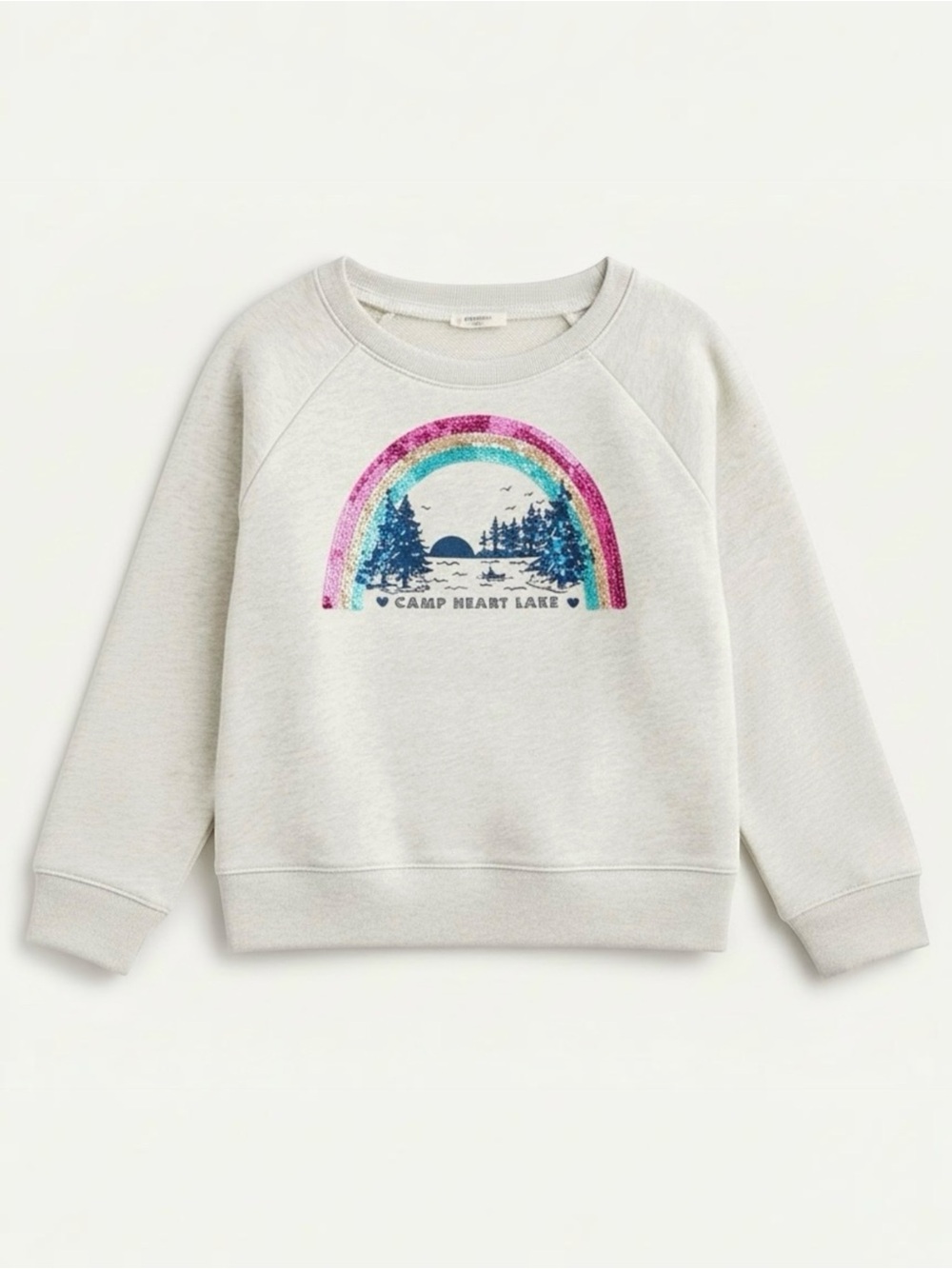J.Crew Crewcuts Camp Heart Lake Sequin Rainbow Sweatshirt Gray Pink Girls S 6-7